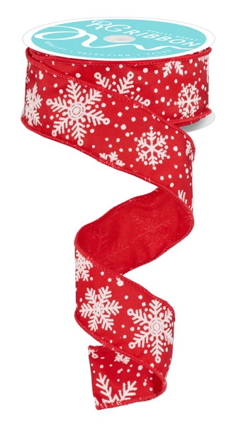 Red/White - Multi Snowflake On Satin Wired Edge Ribbon - 1.5 Inch x 10 Yards