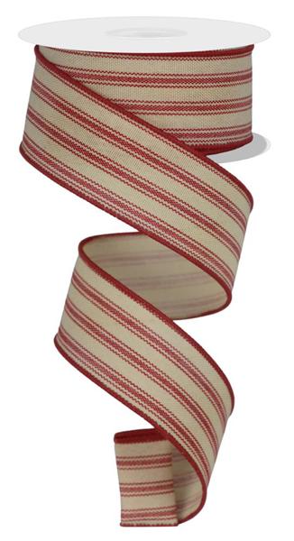 Tan/Dark Red - Ticking Stripe Ribbon - 1.5 Inch x 10 Yards