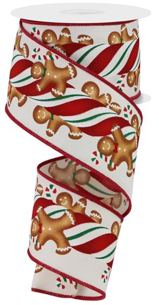 Ivory/Red/Green/Brown - Gingerbread Kids/Candy Wired Edge Ribbon - 2.5 Inch x 10 Yards