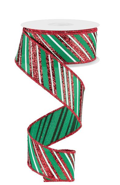 Emerald/Red/White - Diagonal Lines Ribbon - 1.5 Inch x 10 Yards