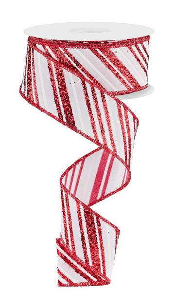 White/Red - Diagonal Lines Ribbon - 1.5 Inch x 10 Yards