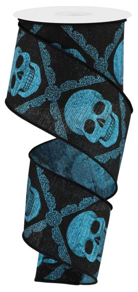 Dark Turquoise/Black/Grey - Skulls Metallic - 2.5 Inch x 10 Yards