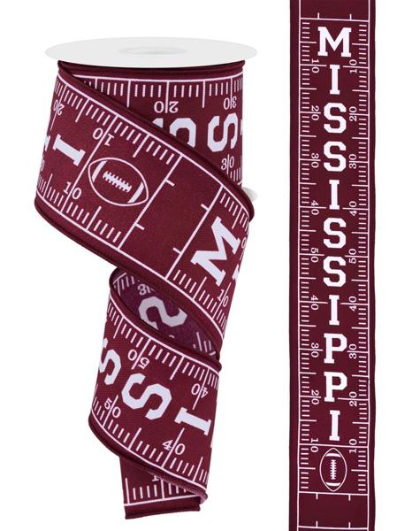 White/Maroon - Mississippi Football Field Wired Ribbon - 2-1/2 Inch x 10 Yards