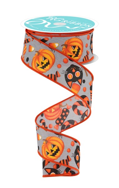 Cool Grey/Multi - Pumpkin Cat Candy - 1.5 Inch x 10 Yards