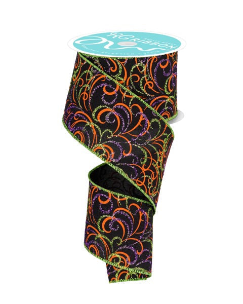 Black/Orange/Purple/Lime - Multi Swirls Ribbon - 2.5 Inch x 10 Yards