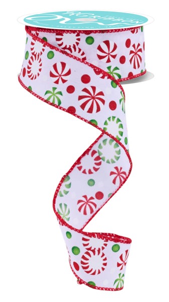 White/Red/Green - Christmas Candy Wired Edge Ribbon - 1.5 Inch x 10 Yards