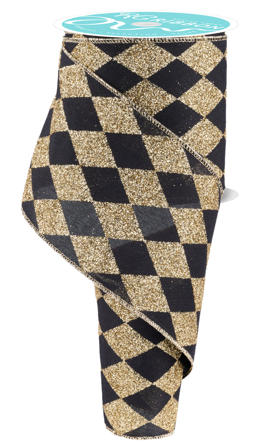 Pre-Order Now & Ship on Dec 20th - Black/Gold Harlequin Check Wired Edge Ribbon - 4 Inch x 10 Yards