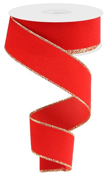 Red with Gold - Indoor Velvet Ribbon Wired Edge Ribbon - 1.5 Inch x 10 Yards