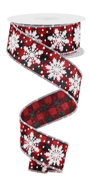 Red Black White - Snowflakes On Woven Wired Edge Ribbon - ( 1-1/2 Inch | 10 Yards ) BBCrafts.com