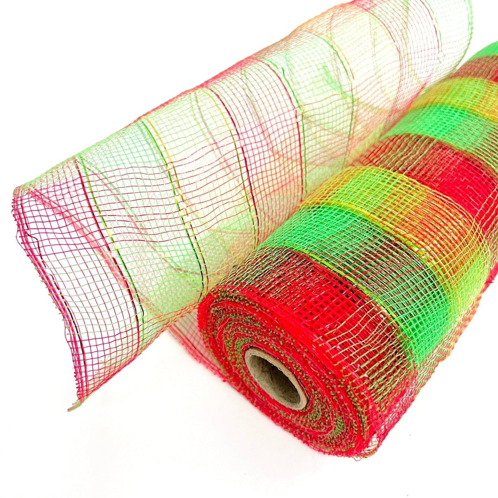 Red Green - Poly Deco Mesh Wrap with Laser Mono Stripe - ( 10 Inch x 10 Yards ) BBCrafts.com