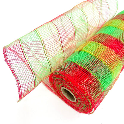 Red Green - Poly Deco Mesh Wrap with Laser Mono Stripe - ( 10 Inch x 10 Yards ) BBCrafts.com