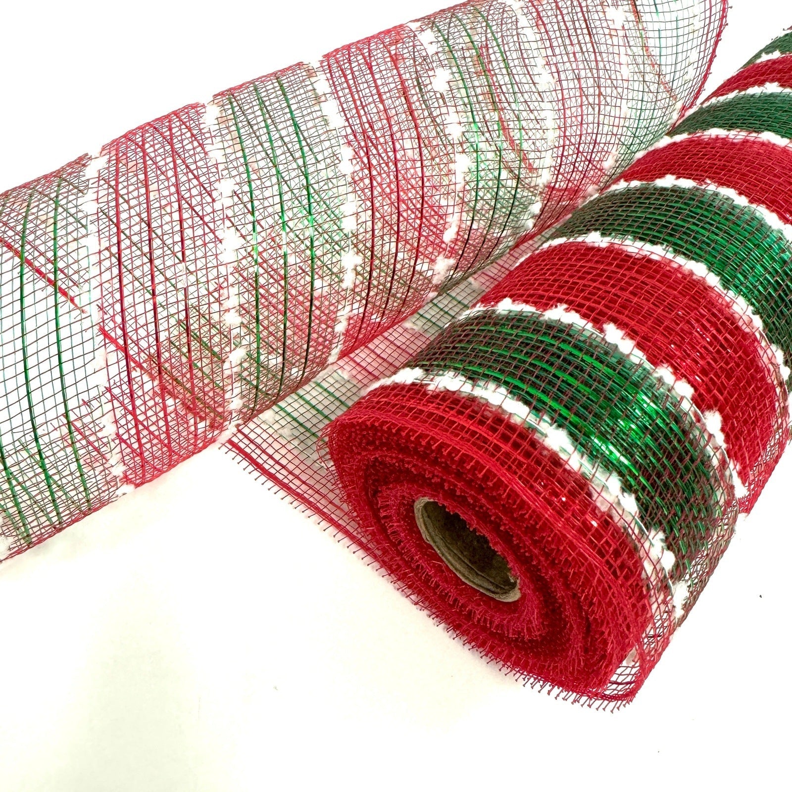 Red Green Snowy Striped Deco Mesh - Holiday Floral Deco Mesh - ( 10 Inch x 10 Yards ) BBCrafts.com