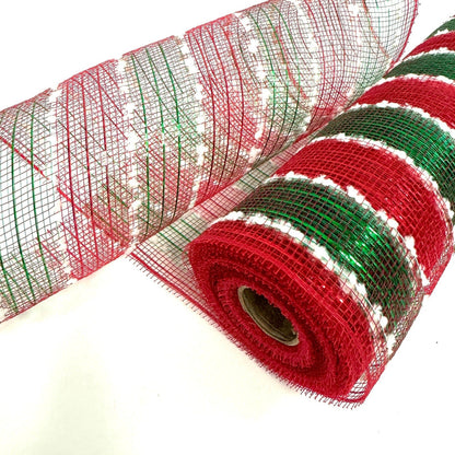 Red Green Snowy Striped Deco Mesh - Holiday Floral Deco Mesh - ( 10 Inch x 10 Yards ) BBCrafts.com