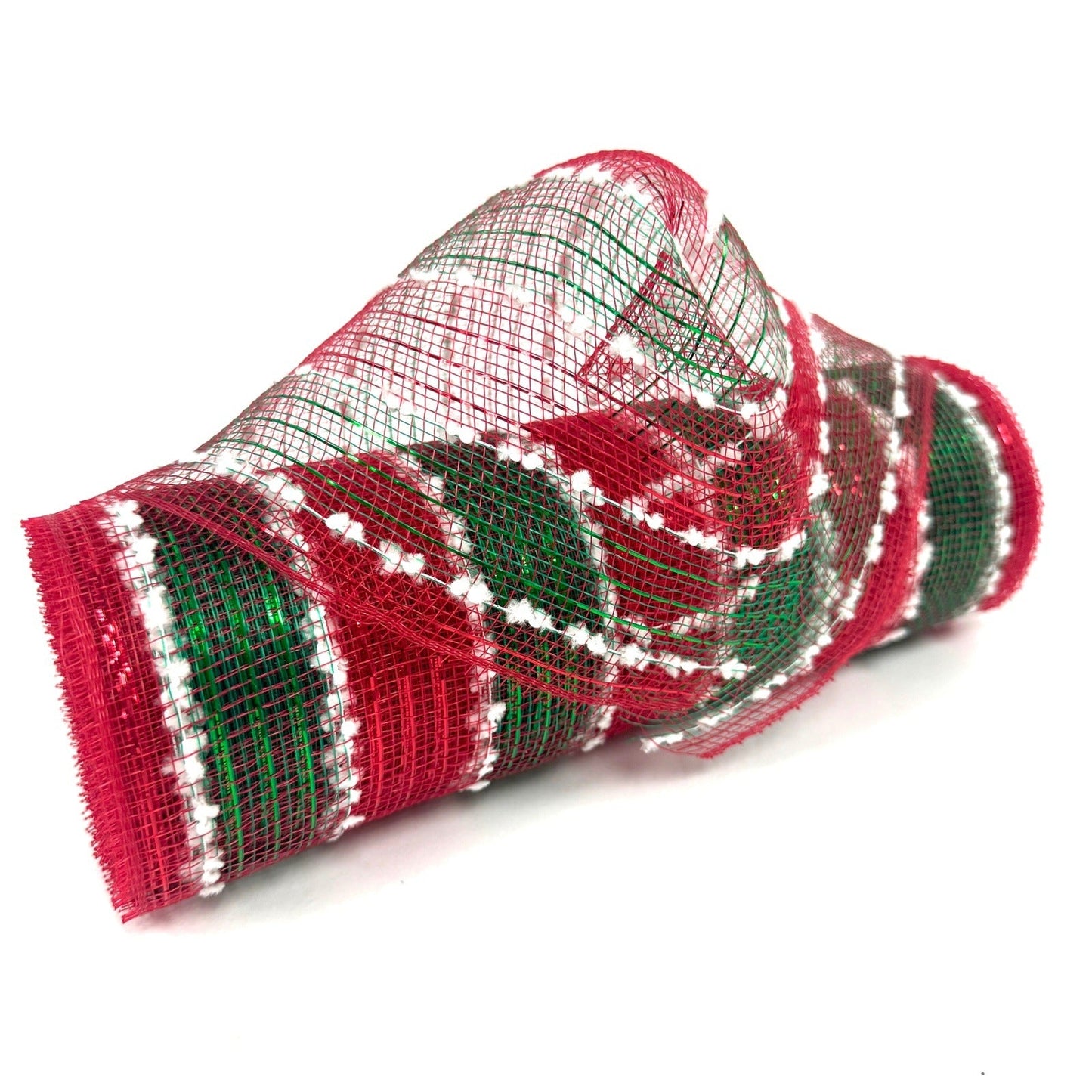 Red Green Snowy Striped Deco Mesh - Holiday Floral Deco Mesh - ( 10 Inch x 10 Yards ) BBCrafts.com