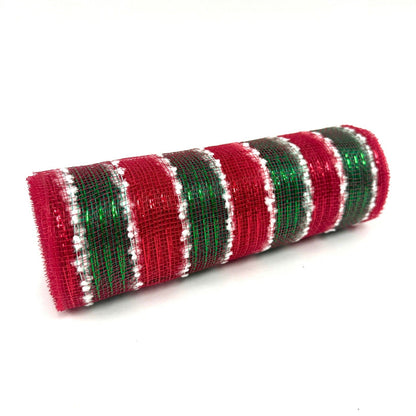 Red Green Snowy Striped Deco Mesh - Holiday Floral Deco Mesh - ( 10 Inch x 10 Yards ) BBCrafts.com