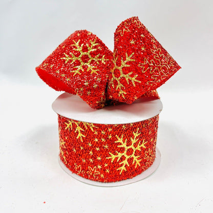 Red Metallic Gold Snowflake Ribbon ( 2 - 1/2 Inch x 10 Yards ) BBCrafts.com