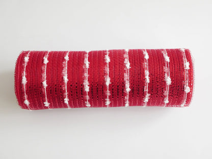 Red Snowy Striped Deco Mesh - Holiday Floral Deco Mesh - ( 10 Inch x 10 Yards ) BBCrafts.com