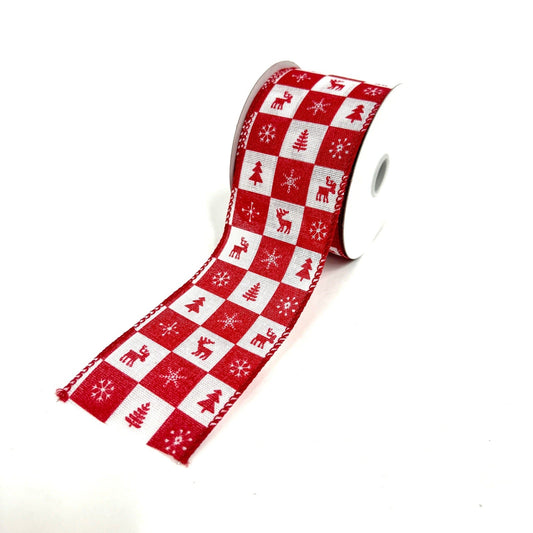 Red White Christmas Icon Buffalo Chex Wired Ribbon - 2.5 Inch x 10 Yards BBCrafts.com