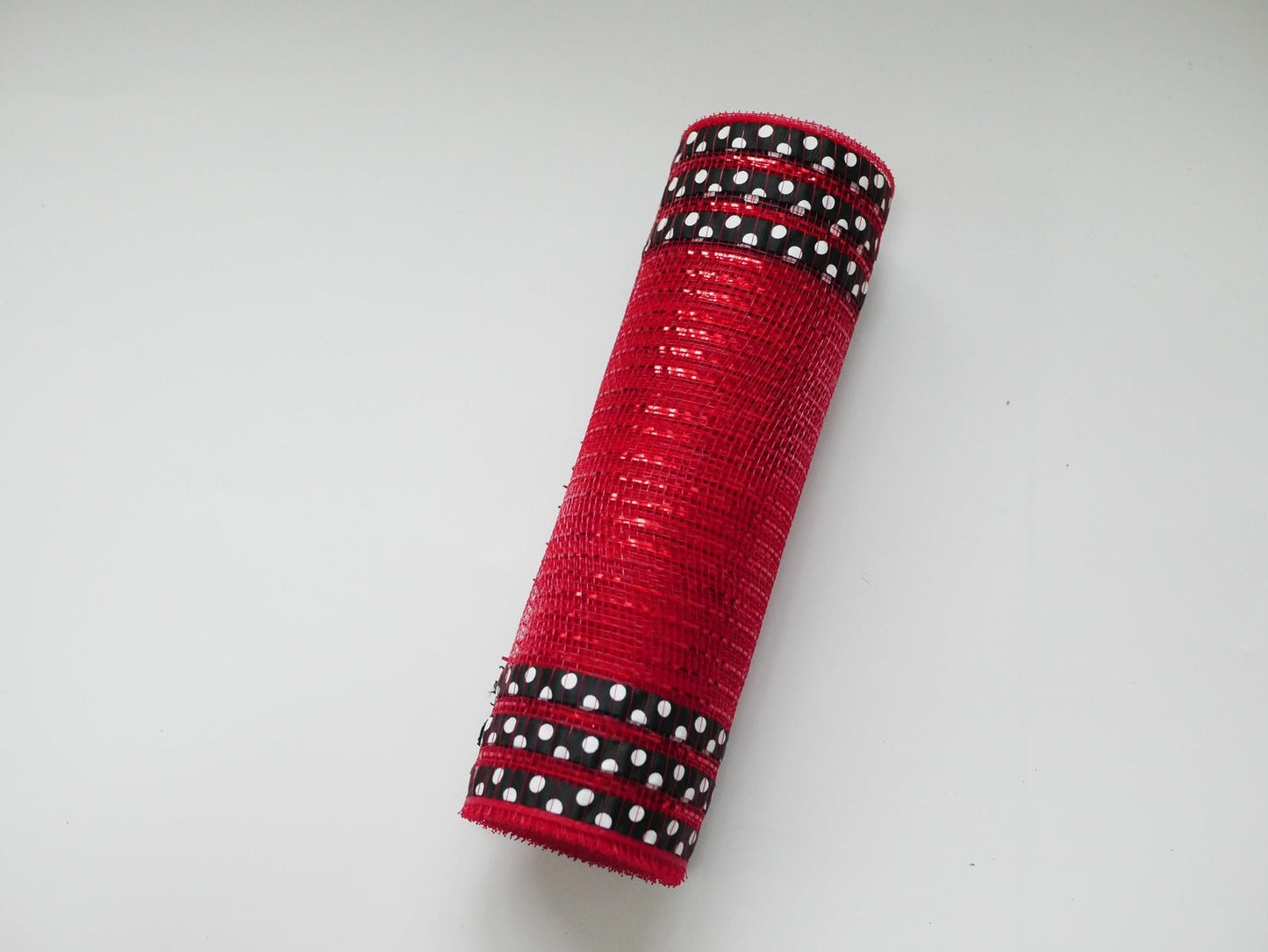 Red with Black Ribbon White Polka Dot Stripes Deco Mesh - Holiday Floral Deco Mesh - ( 10 Inch x 10 Yards ) BBCrafts.com