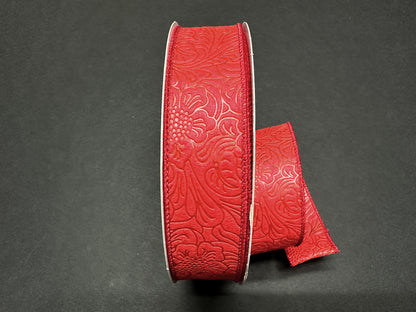 Red Flower Embossed Wired Ribbon - 1-1/2 Inch x 50 Yards