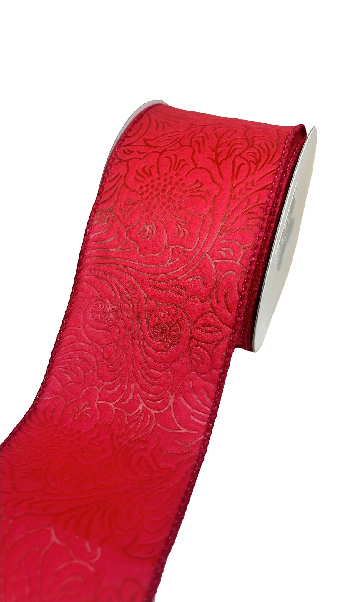 Red Flower Embossed Wired Ribbon - 1-1/2 Inch x 50 Yards