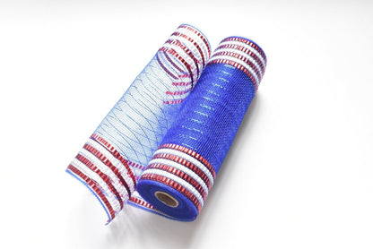 Royal Blue with Red White Mosaic Stripes Deco Mesh - Holiday Floral Deco Mesh - ( 10 Inch x 10 Yards ) BBCrafts.com