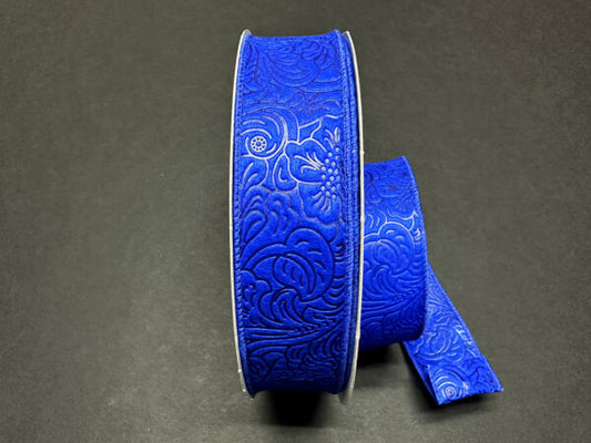 Royal Blue Flower Embossed Wired Ribbon - 1-1/2 Inch x 50 Yards