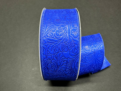 Royal Blue Flower Embossed Wired Ribbon - 2-1/2 Inch x 50 Yards