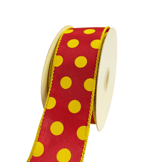 Satin Polka Dot Ribbon Wired Burgundy with Light Gold Dots ( W: 1 - 1/2 Inch | L: 10 Yards ) BBCrafts.com