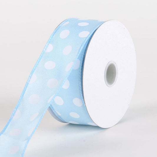 Satin Polka Dot Ribbon Wired Light Blue with White Dots ( W: 1 - 1/2 Inch | L: 10 Yards ) BBCrafts.com