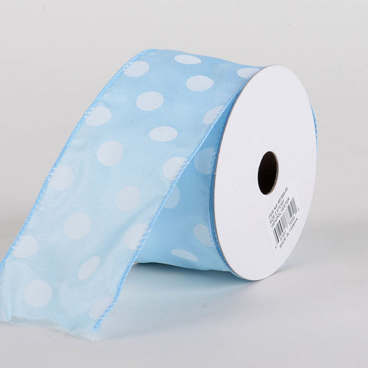 Satin Polka Dot Ribbon Wired Light Blue with White Dots ( W: 2 - 1/2 Inch | L: 10 Yards ) BBCrafts.com