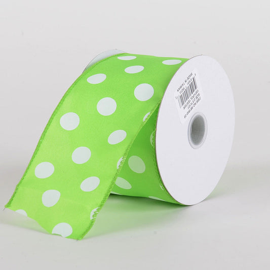 Satin Polka Dot Ribbon Wired Lime Green with White Dots ( W: 2 - 1/2 Inch | L: 10 Yards ) BBCrafts.com