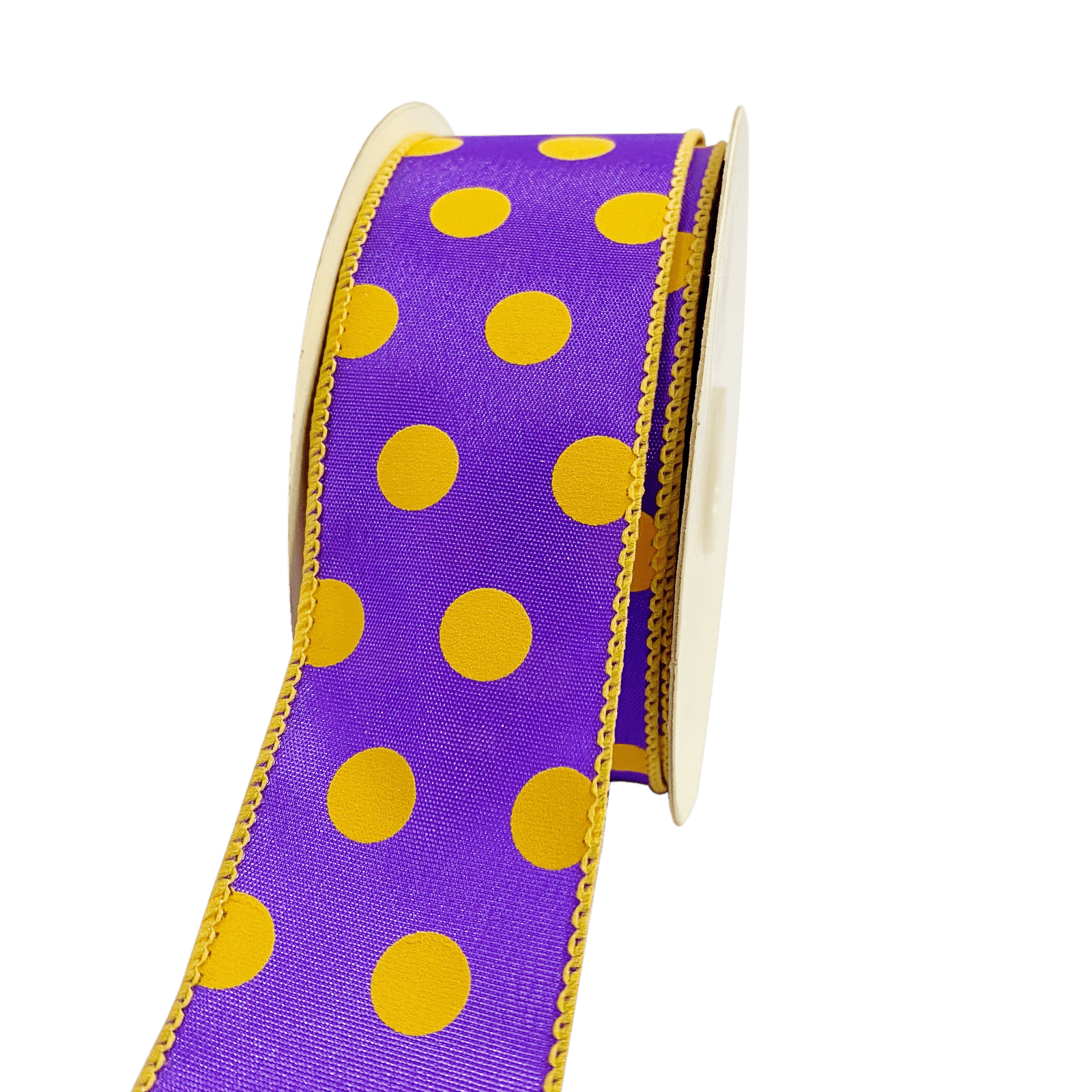 Satin Polka Dot Ribbon Wired Purple with Light Gold Dots ( W: 1 - 1/2 Inch | L: 10 Yards ) BBCrafts.com