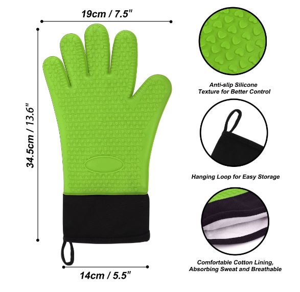 Silicone Oven Mitts Heat Resistant Gloves Kitchen Gloves 1 Pair Green BBCrafts.com