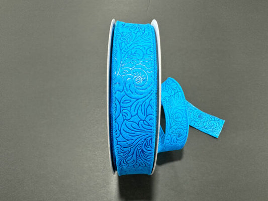 Turquoise Flower Embossed Wired Ribbon - 1-1/2 Inch x 50 Yards