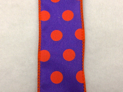 Satin Polka Dot Ribbon Wired Purple with Orange Dots ( W: 2 - 1/2 Inch | L: 10 Yards )