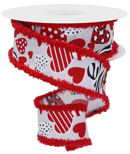 White Red Black - Zebra Leopard Hearts Drift Ribbon - ( 1-1/2 Inch | 10 Yards ) BBCrafts.com