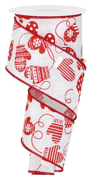 White Red - Christmas Mittens Ribbon - ( 2-1/2 Inch | 10 Yards ) BBCrafts.com