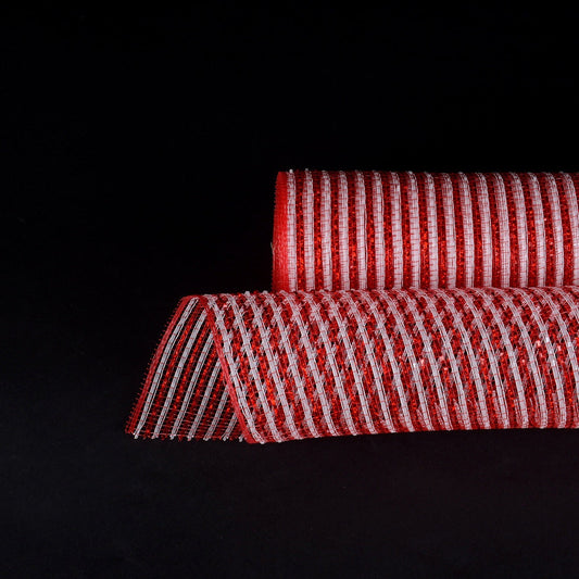 White Red Metallic Stripes Christmas Mesh - 10 Inch x 10 Yards BBCrafts.com