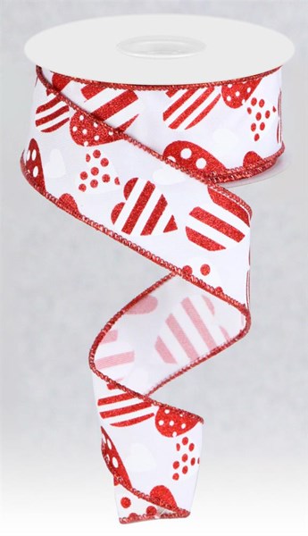 White Red - Valentine Hearts Diagonal Ribbon - ( 1-1/2 Inch | 10 Yards ) BBCrafts.com