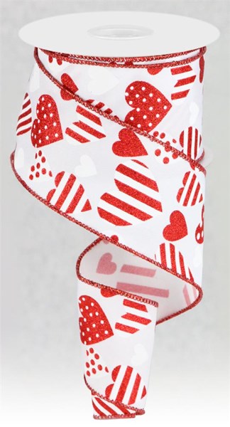 White Red - Valentine Hearts Diagonal Ribbon - ( 2-1/2 Inch | 10 Yards ) BBCrafts.com