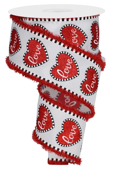 White Red White Black - Love Glttr Heart Tinsel Drift Ribbon - ( 2-1/2 Inch | 10 Yards ) BBCrafts.com