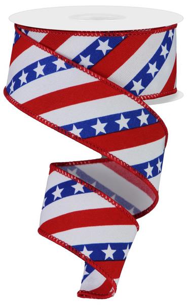 White Royal Blue Red - Diagonal Stripes With Stars Ribbon - ( 1-1/2 Inch | 10 Yards ) BBCrafts.com