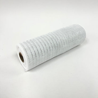 White with Silver - Deco Mesh Wrap Metallic Stripes - ( 10 Inch x 10 Yards ) BBCrafts.com