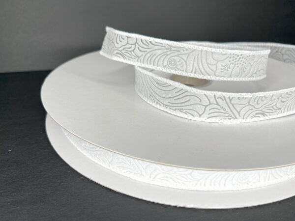 White Flower Embossed Wired Ribbon - 7/8 Inch x 50 Yards