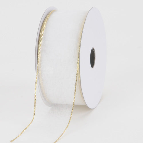 White with Gold - Organza Ribbon Thin Wire Edge 25 Yards - ( W: 5/8 Inch | L: 25 Yards )