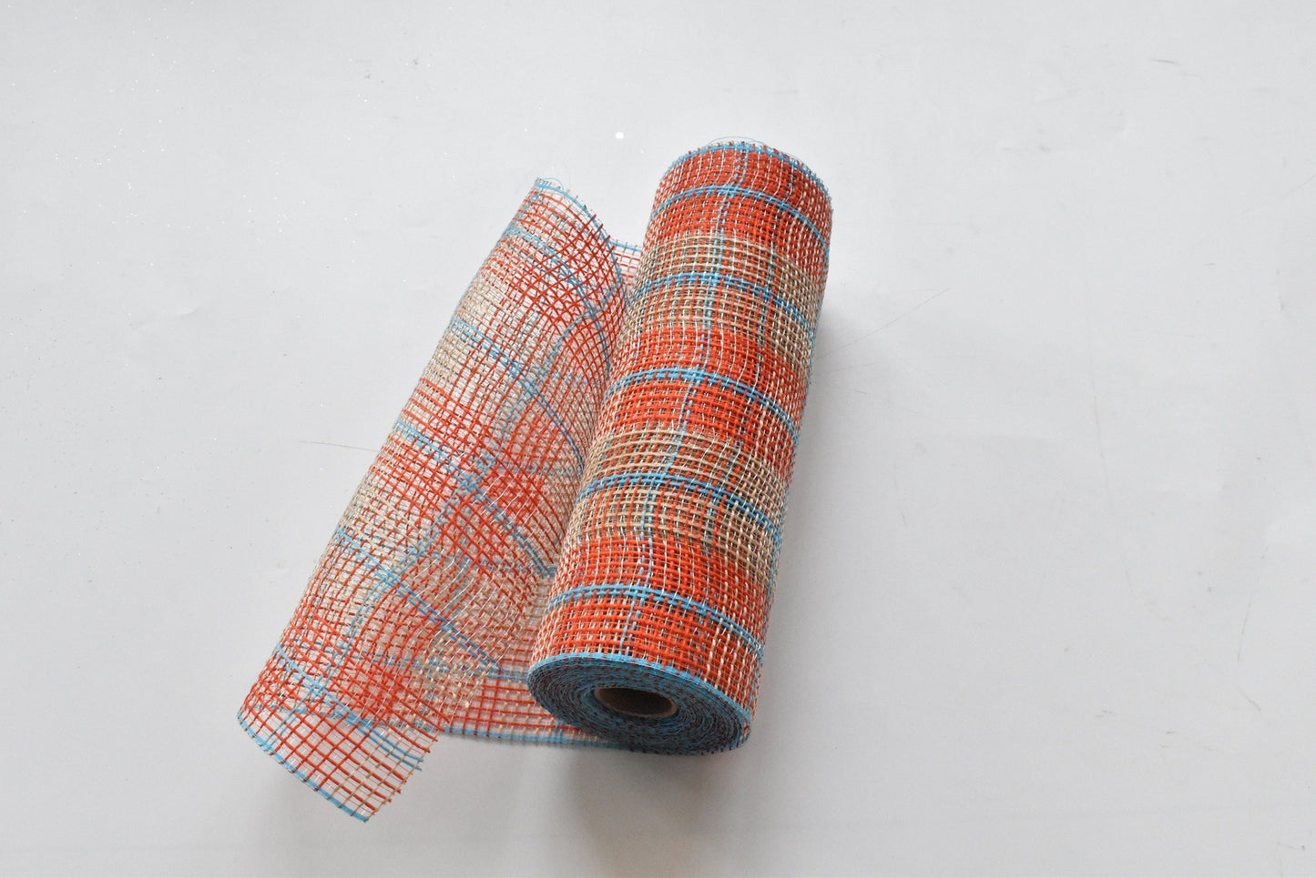 Orange Blue Mist Plaid Deco Mesh - Holiday Plaid Floral Mesh - 10 Inch x 10 Yards