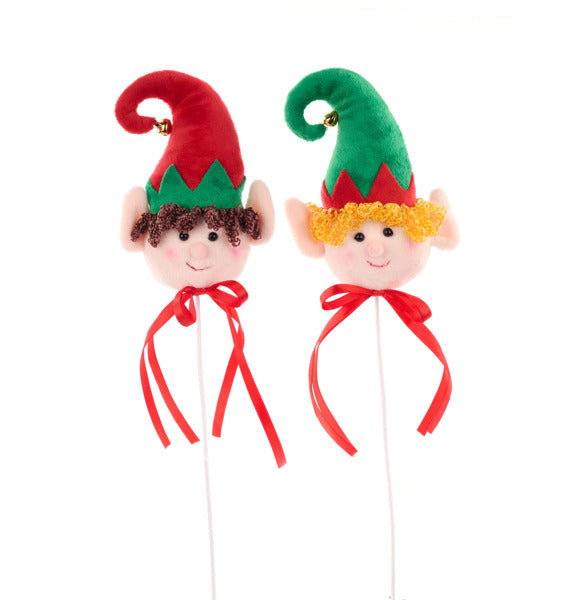 Red/Emerald - Elf Head Pick with Bow 2 Asst - 16 Inch L