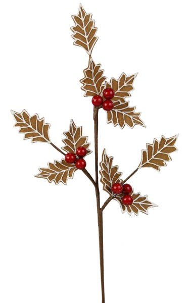 Brown/White/Red - Gingerbread/Holly Leaf Spray - 19 Inch L