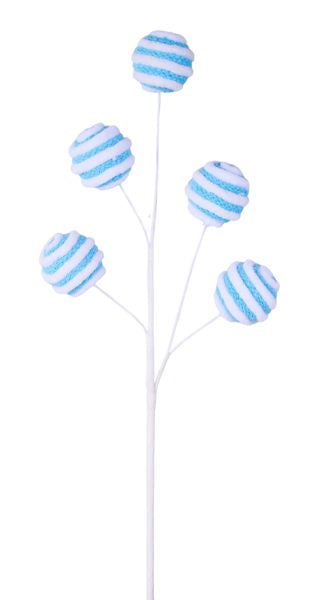 19.5 Inch L Yarn Striped Ball Spray X5 - Ice Blue/White